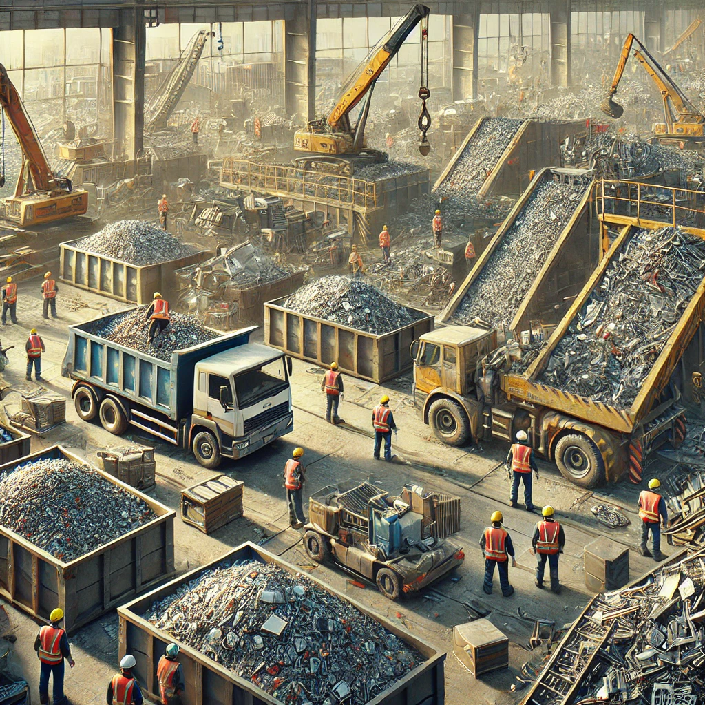 Trabajadores clasificando metales ferrosos y no ferrosos en una chatarrería, rodeados de pilas de chatarra y maquinaria industrial