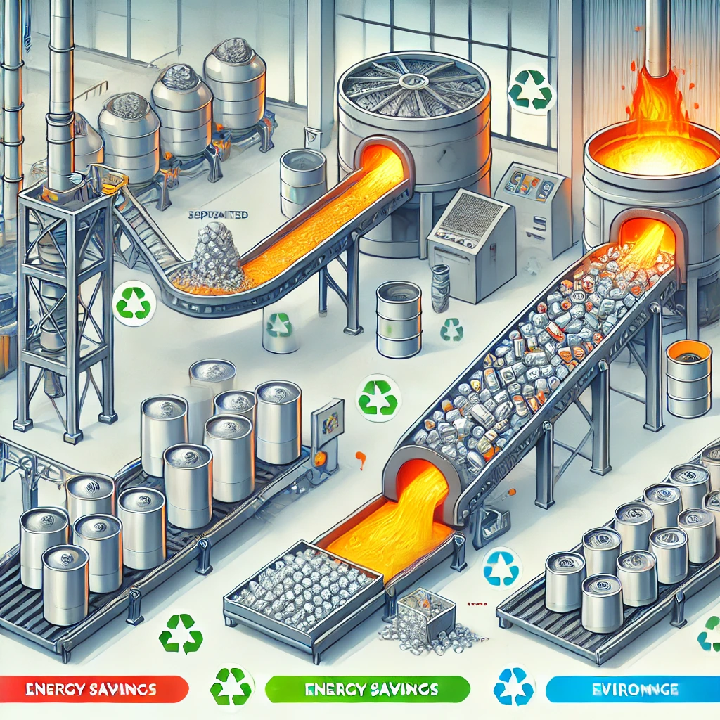 Ilustración del proceso de reciclaje de aluminio en etapas, desde latas usadas hasta lingotes reutilizables.