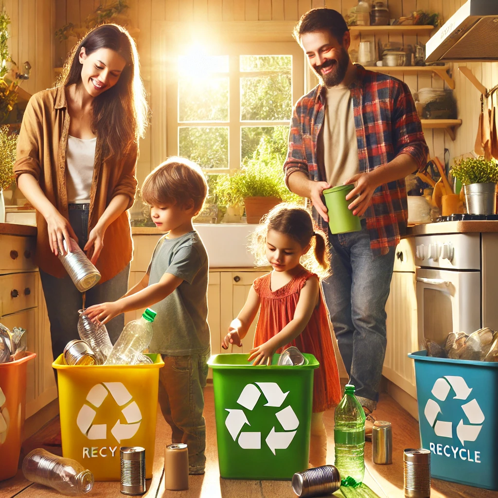 Familia reciclando en casa, separando materiales como latas metálicas, vidrio y papel en contenedores coloridos.