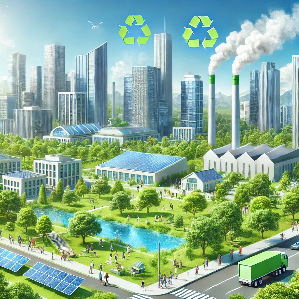 A modern cityscape with green parks, sleek skyscrapers, and a recycling factory emitting clean vapor in the background under a clear blue sky, symbolizing sustainability